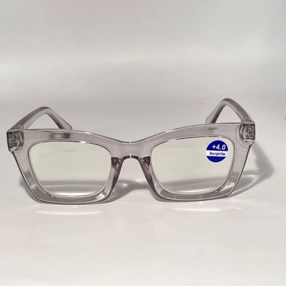 1334 Gretchen Reading Glasses 4.0 Square Clear Grey Frames NWT